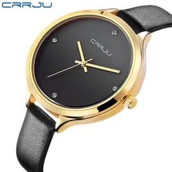 High Quality CRRJU Brand Leather Watch Women Ladies Fashion Dress Quartz Wristwatches Roman Numerals Watches Christmas gift