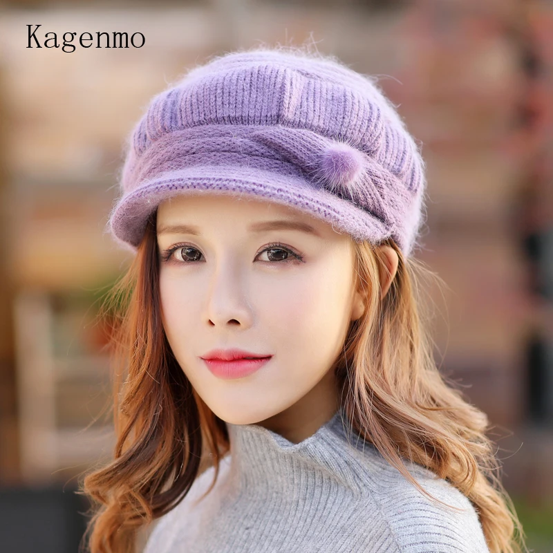 Kagenmo Cap And Scarf Twinset Warm Winter Keep Warm Accessories Rabbit Fur Knit Women Hat Outdoor Windproof Thermal Scarf