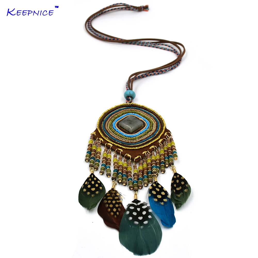 

Handmade Bohemia boho necklace beaded Tassel natural stone feather pendents long fringe ethnic gypsy Necklaces for wemen