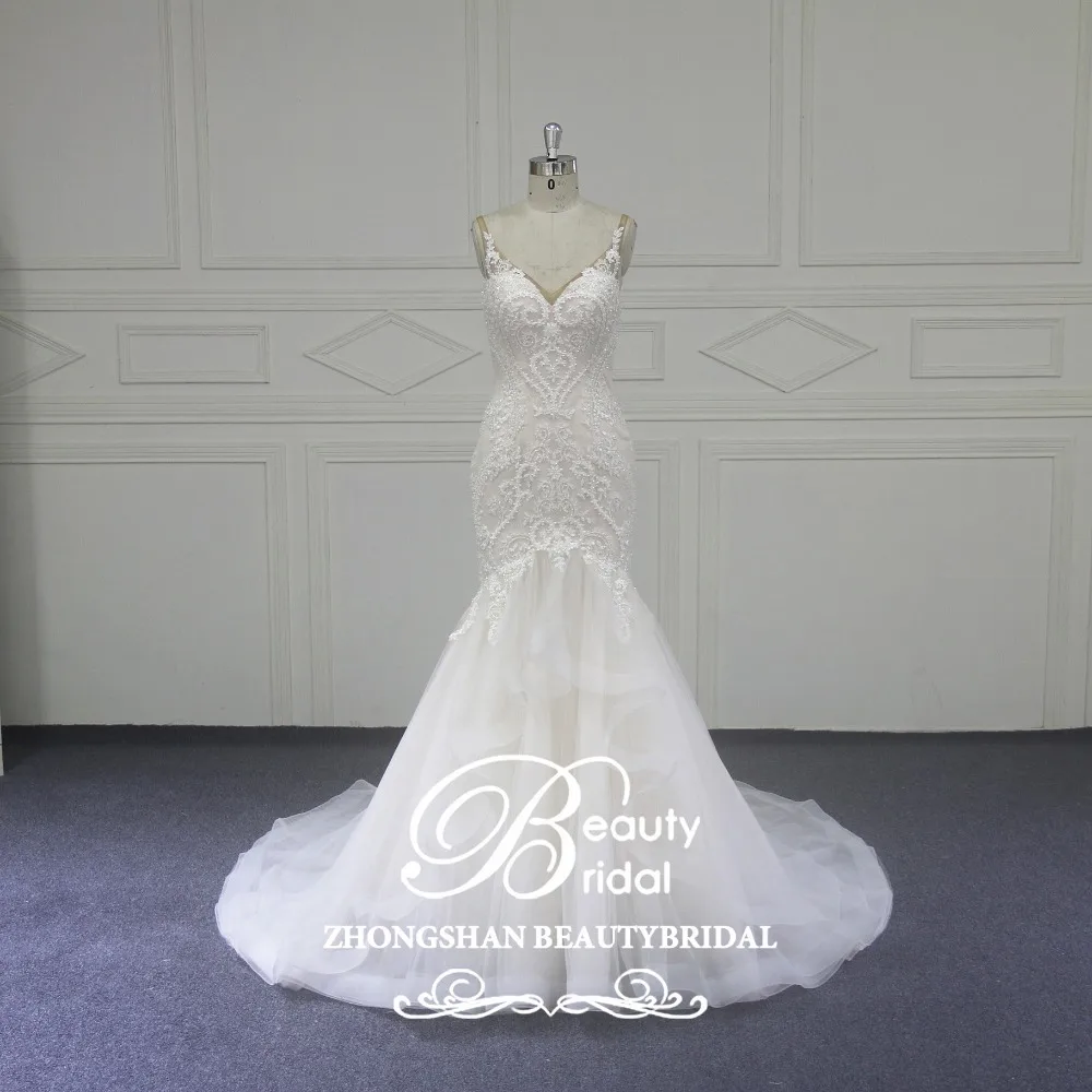 

Mermaid New Arrival Wedding Dresses New Lace Appliques Vintage and Beading with Pearls Back Robe de Mariage Beauty XF18029