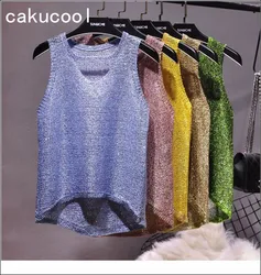 Cakucool Bling lavorato a maglia Tank Top camis Donne di estate Paillettes Shiny Lurex Scava Fuori Camicia Senza Maniche vestiti Sexy femminile 5 colori