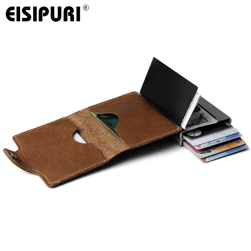 EISIPURI Men Genuine Leather double Metal Credit Card Holder Aluminium RFID Blocking Wallet Hasp Mini Vintage Wallet Hold  Cards image 6