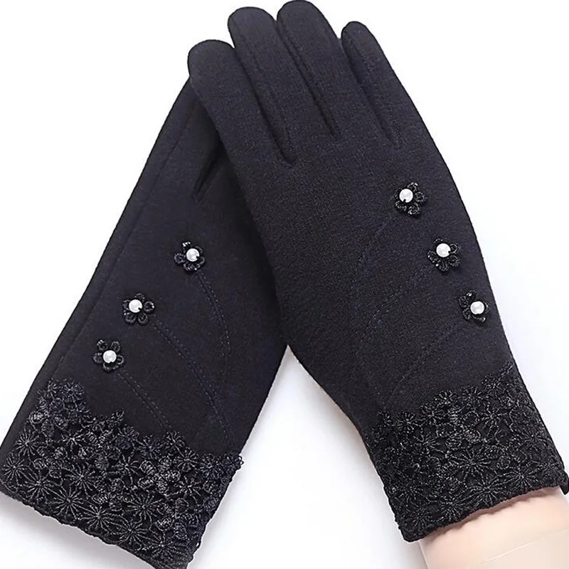 Guantes elegantes a la moda para mujer, manoplas de dedo completo con lazo de Cachemira, de encaje cálido para pantalla táctil, regalo de muñeca, 16A-F, Invierno