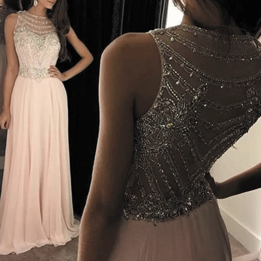 SuperKimJo Robes De Bal Pink Beaded Prom Dresses 2023 A Line Chiffon Cheap Custom Make Prom Gown 2024 Robe De Soiree Femme