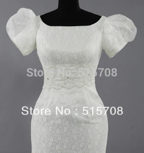 Alta qualidade elegante sereia manga curta andar comprimento tribunal trem branco marfim rendas cetim nupcial vestidos de casamento