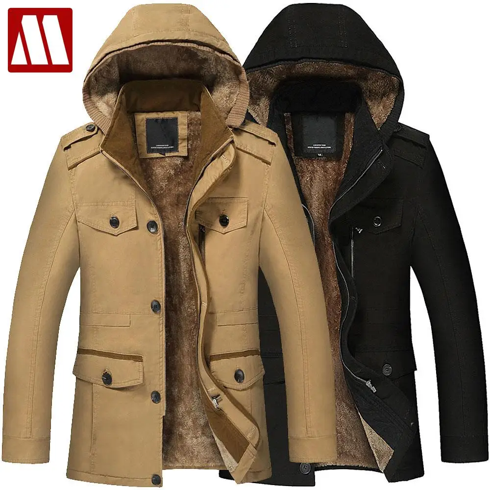 

Plus Size 5XL 6XL New Men's Long Trench Coat 100% Cotton Hoodies Thick Winter Warm Jacket Fur Lining Coats Men Hooded Parka F058