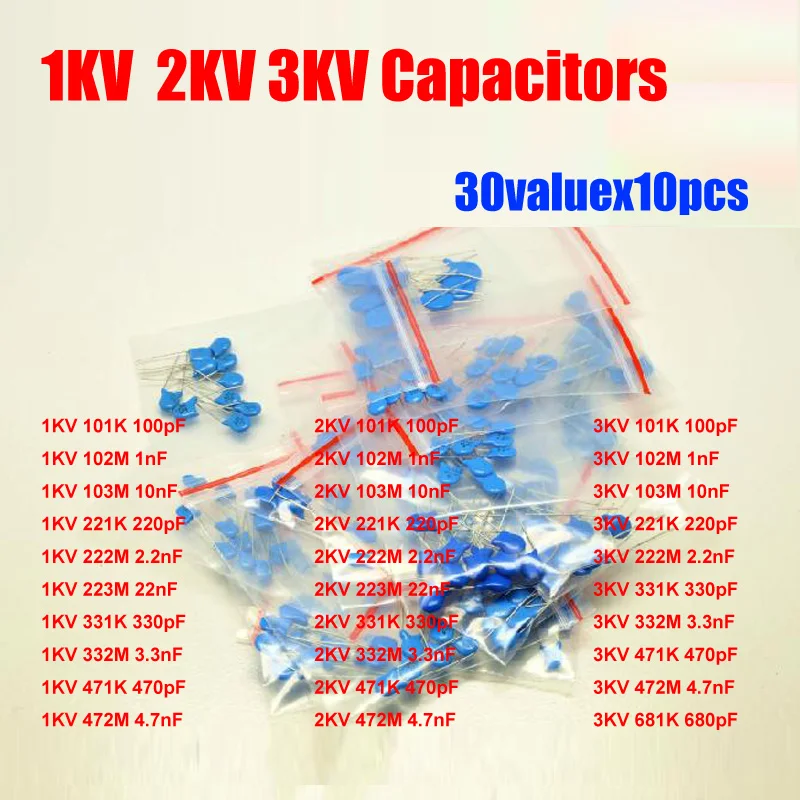 30valuesX10pcs=300pcs 1KV/2KV/3KV High Voltage Ceramic Capacitor 1000V/2000V/3000V Assortment Kit 100PF ~ 4.7NF