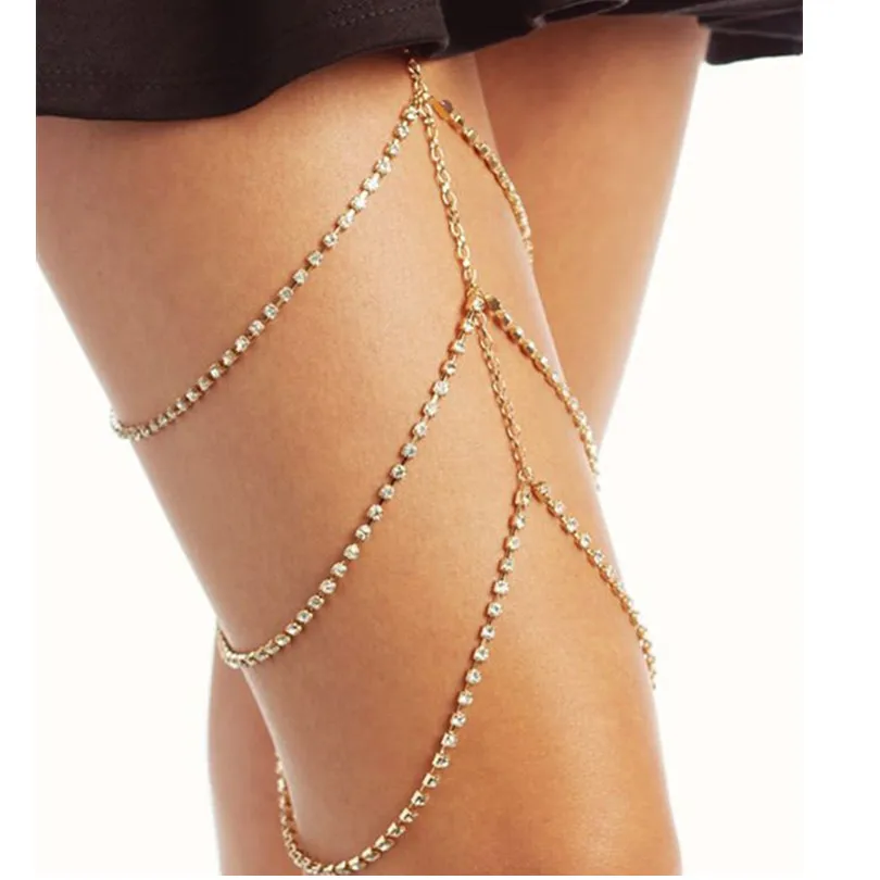 Rhinestones Leg Thigh Chain Shiny Women Sexy Body Chain Leg Thigh Harness Jewelry Beach Multi Layers Gold Color Chains