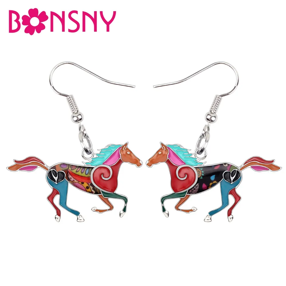 Bonsny Enamel Alloy Floral Running Horse Earrings Drop Dangle Big Hot Fashion Animal Jewelry For Women Girls Teen Gift Wholesale