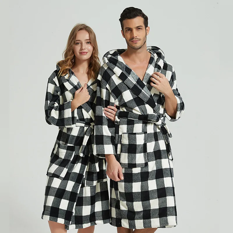 

Winter Plaid Thick Coral Fleece Bathrobes Robe Men Women Long-sleeve Absorbent Soft Hooded Bathrobe Pijamas Home Dressing Gown