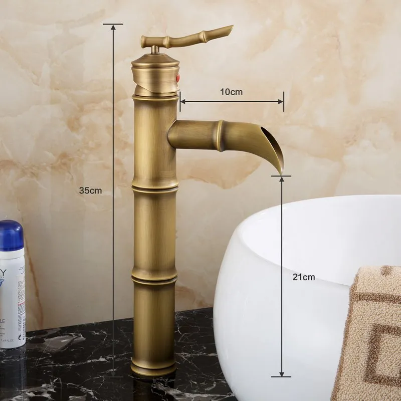 Antique Brass Bamboo Style Single Handle Waterfall Bathroom Basin Vanity Sink Faucet Mixer Tap KD733