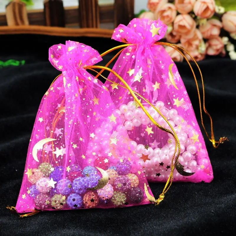 

9x12cm Moon Star Organza Bags Jewelry Packaging Gift Bags Gauze Tulle Sheer Storage Bag 100pcs Drawstring Wedding Candy Pouches