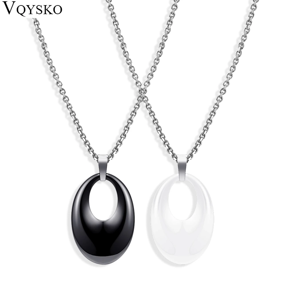 New Simple Design Ceramic Pendant Necklace White Black Round Pendant Necklace Stainless Steel Chain For Women