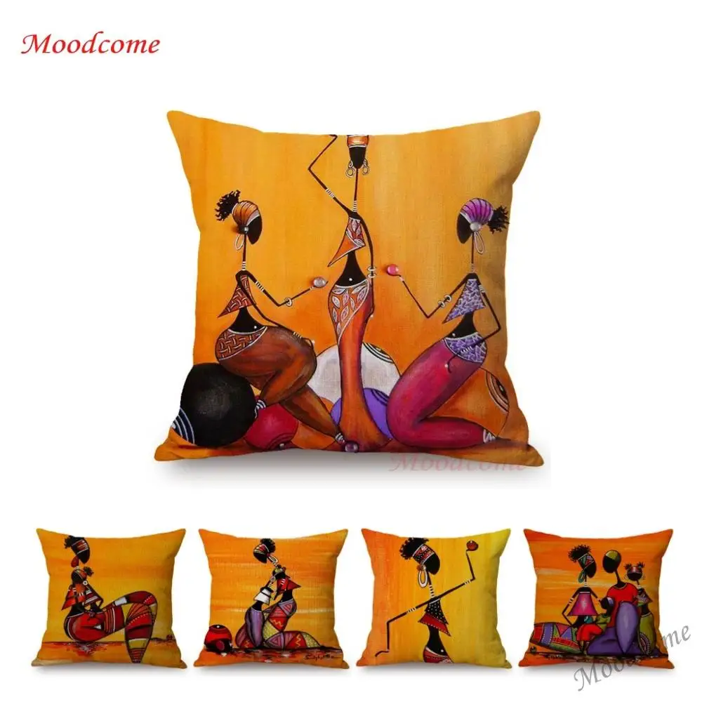 Lovely Cute Africa Impression Beads and Children  Abstract Oil Painting Cotton Linen Sofa Pillow Case Cushion Cover