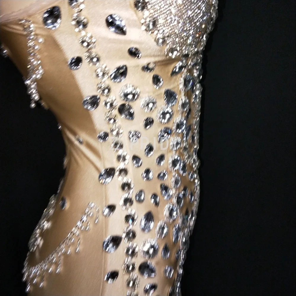 Sparkly Zilver Grote Strass Bodysuit Verjaardag Vieren Avond Party Outfit Zangeres Tonen Nachtclub Kristallen Kostuum