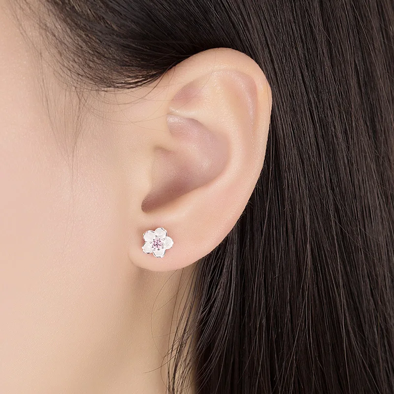 925 Silver Needle Fashion Cherry Blossoms Flower Crystal Ladies Cute Stud Earrings Women Jewelry Birthday Gift Cheap