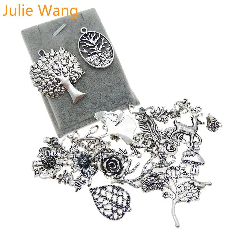 Julie Wang 10PCS Randomly Mix Birds Animal Leaf Flower Charms Antique Colors Necklace Bracelet Jewelry Making Accessory