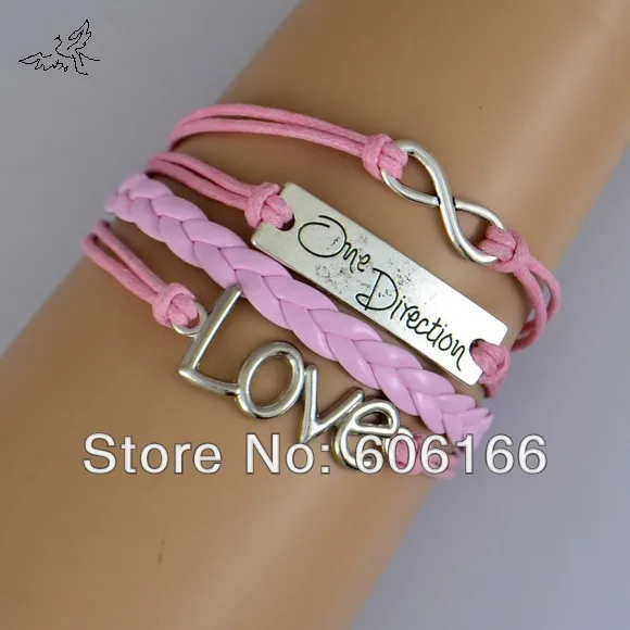 

24pcs Antique Silver Sideways Charm Superstar 1D Love Infinity Braided Pink Leather Bracelet Wristbands Xmas Gift