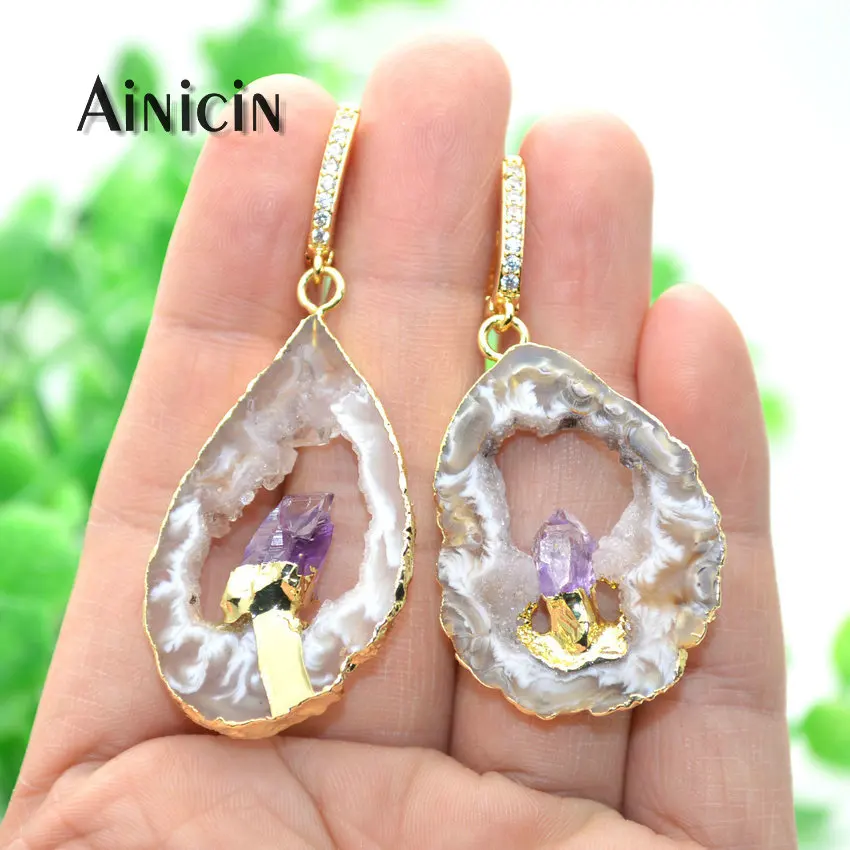 Natural Hollow Out Druzy Purple Crystal Inlay Dangle Earrings For Luxury Women Party Jewelry Rhinestone Setting Hook Earring