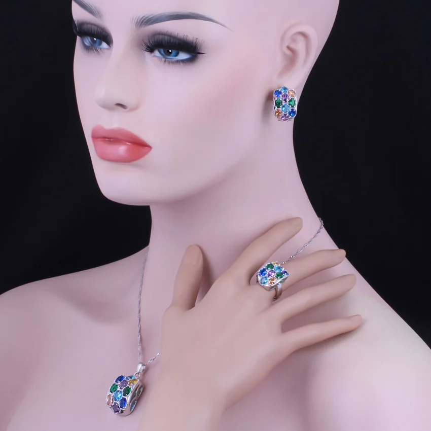 Astonishing Multigem Multicolor Cubic Zirconia Silver Plated Jewelry Sets Earrings Pendant Nacklace Chain Ring V0249