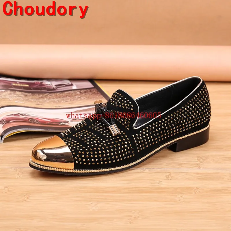 

Choudory New Gold Toe and Gold Crystal Tassel Men Loafers Men Fashion Leather Slippers Men Party Wedding Dress Shoes Men's Flats