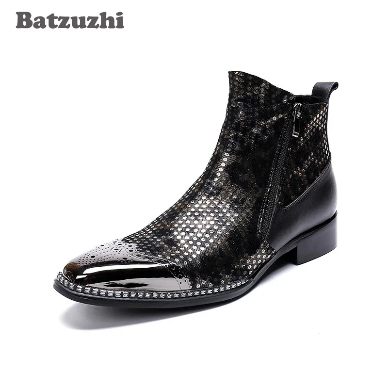 Batzuzhi POP Men Boots Super Star Men Leather Ankle Boots Men Black Pointed Metal Tip Party and Wedding botas hombre, Big US6-12