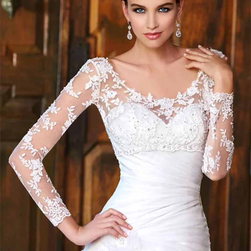 Elegante matrimonio nuova giacca Bolero manica lunga bianco avorio pizzo Applique scollo tondo giacche da sposa su misura accessori