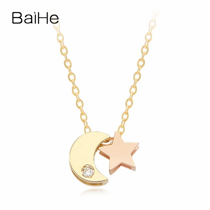 BAIHE Real Solid 18K Yellow Rose Gold Natural Diamond Moon Star Necklace Women Trendy Fine Jewelry Making ムーンスターネックレス Naszyjnik