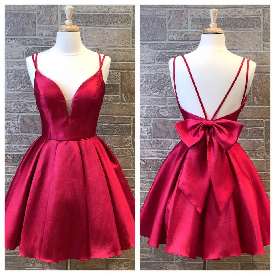 Robes de bal bordeaux 2019 rouge Hoco robes courtes robe de bal une ligne Spaghetti décolleté noeud dos bretelles sur commande