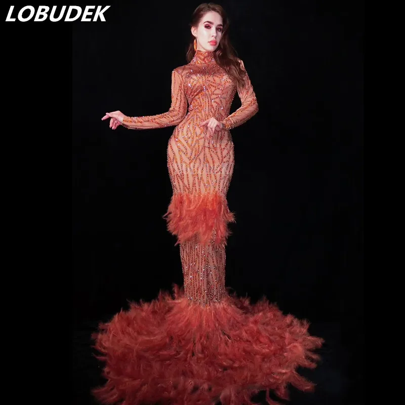 

Fashion Orange Rhinestones Feathers Mermaid Dress Singer Model Evening Party Costume Prom Celebration Stage Trailing Long Dress