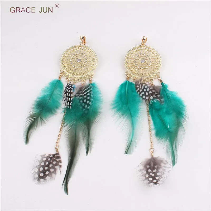 New Design Big Bohemian Ethic Real Feather Clip on Earrings for Women Elegant Gold Color Round Rhinestone Long Pierced Earrings