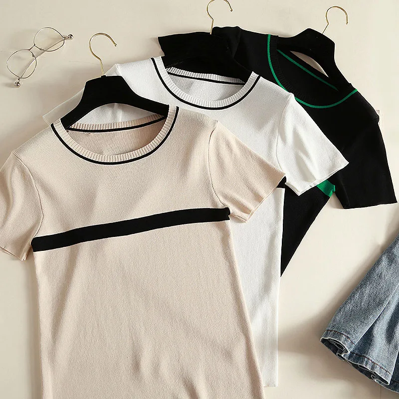 Shintimes Dünne Gestrickte T Shirt Frauen Kleidung Neue Sommer Frau Kurzarm Tees Tops Gestreiften Casual T-Shirt Weibliche T-shirt Femme – Detail 2