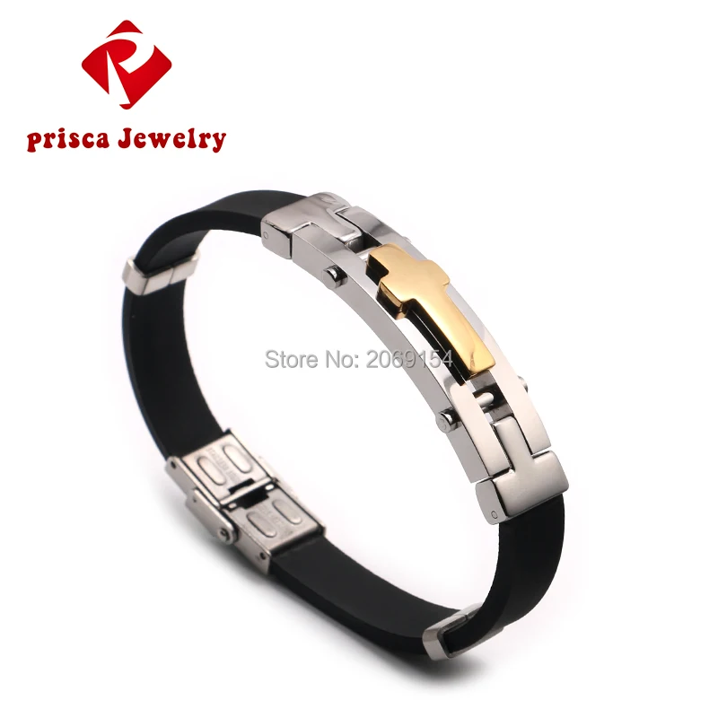 Men\'s Cross Silicone Black Bracelets Stainless Steel Fashion Cuff Bangle Adjustable Boys Trendy Jesus Jewelry Accessories