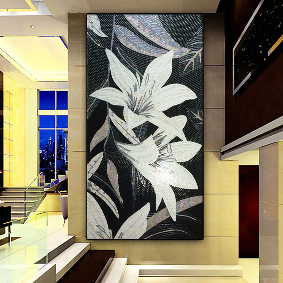 

Customized Mural Wall Glass Mosaic tile Black White Lily Floral Living room fireplace background bathroom shower Wall Floor Tile