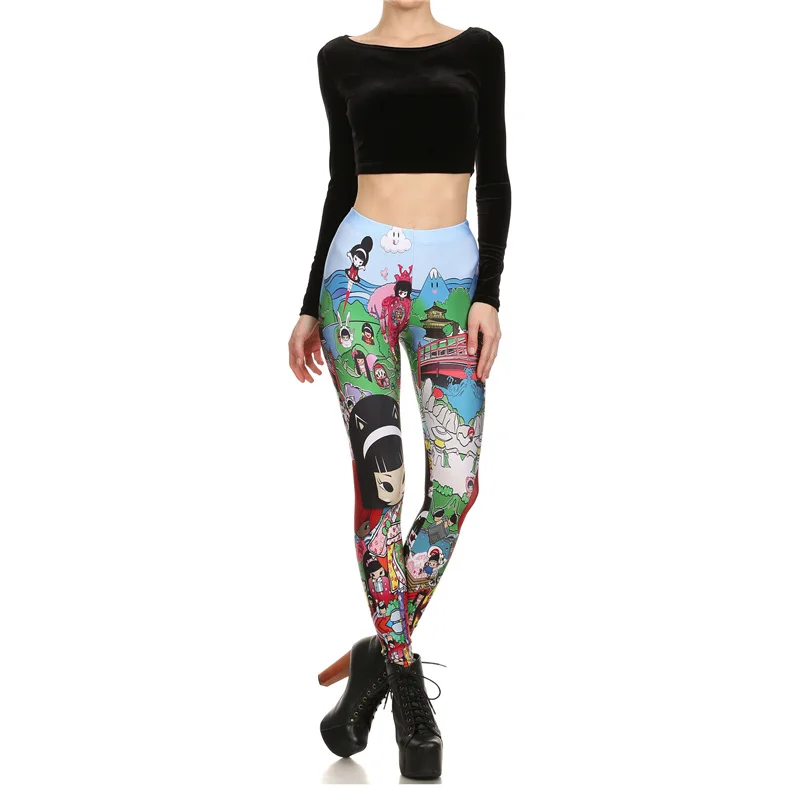 FCCEXIO High Quaily Elasticity Japanese Anime Printed Fashion Slim fit Legging Workout Trousers Casual Pants Leggings for Women