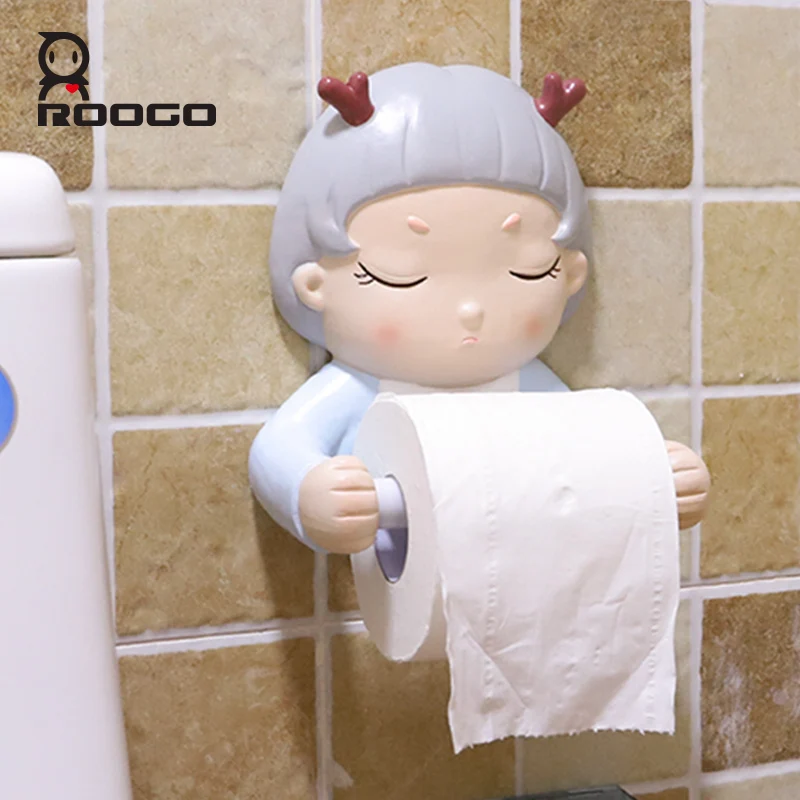 

Roogo Ceramic Paper Holder Toilet Cartoon Figurine Dream Girl Bathroom Paper Dispenser Creative Towel Toilet Paper Home Decor