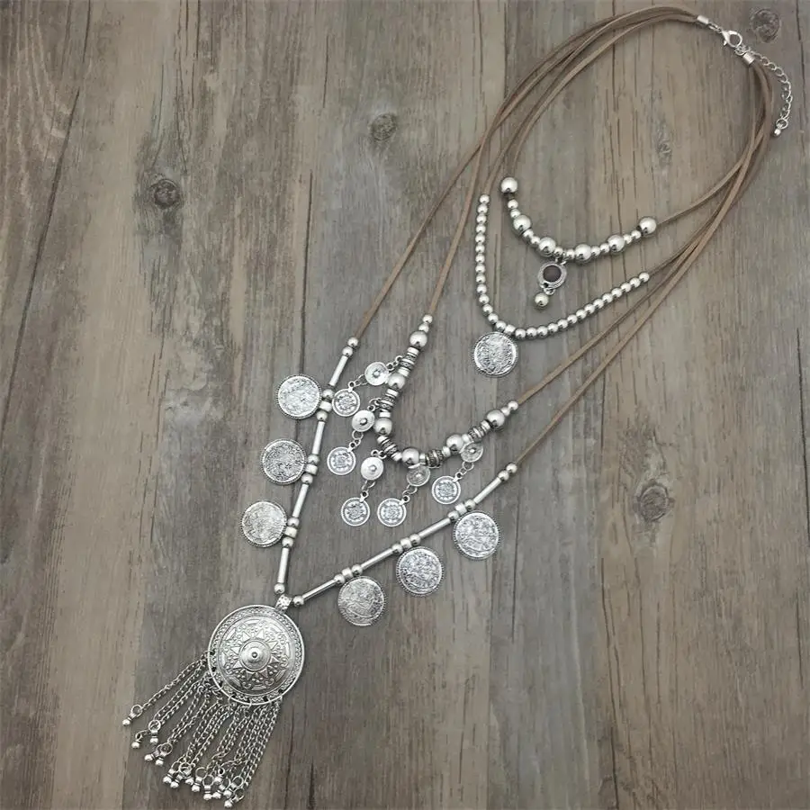 Handmade Silver Metal Coin Pendants Ethnic Jewelry  Long String Leather necklaces for Woman Gift