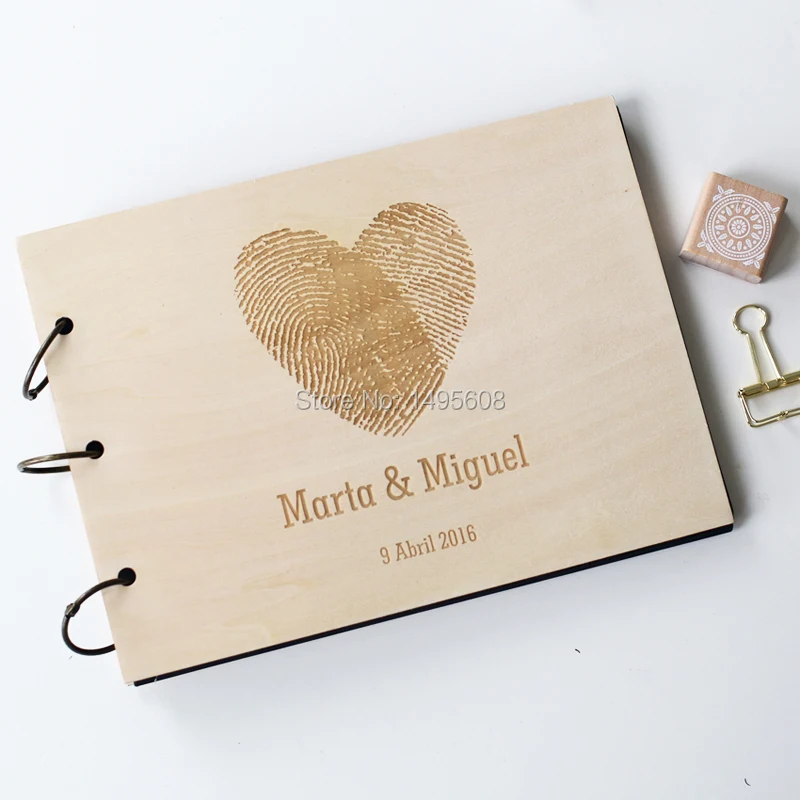 Custom wedding guest book wood rustic wedding guest book album bridal shower engagement anniversary - Fingerprint Heart