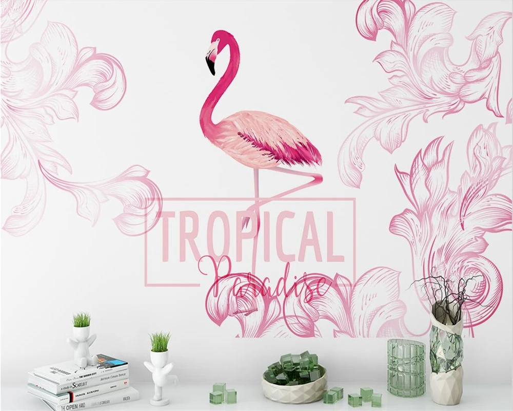 

Beibehang Custom wallpaper Nordic hand drawn flamingo pink flowers TV backdrop Living room bedroom background mural 3d wallpaper