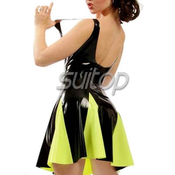 Rubber sundress latex pinafore dress with stocking black and green color Suitop  lovely