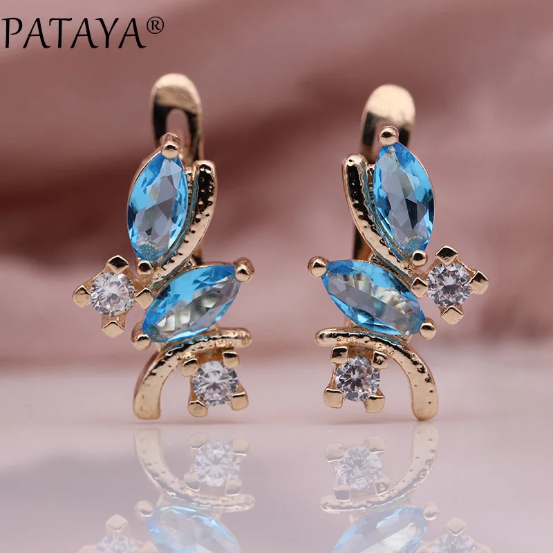 PATAYA New 585 Rose Gold Color Earring Turkey Antique Women Fashion Brinco Double Horse Eye Green Natural Zircon Dangle Earrings