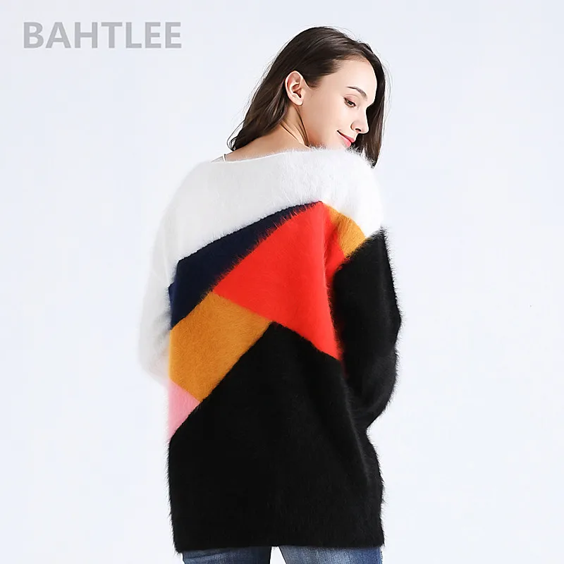 BAHTLEE-Pulls tricotés lapin angora pour femmes, pull à manches longues, col rond, garder au chaud, patchwork polychromatique, automne, hiver