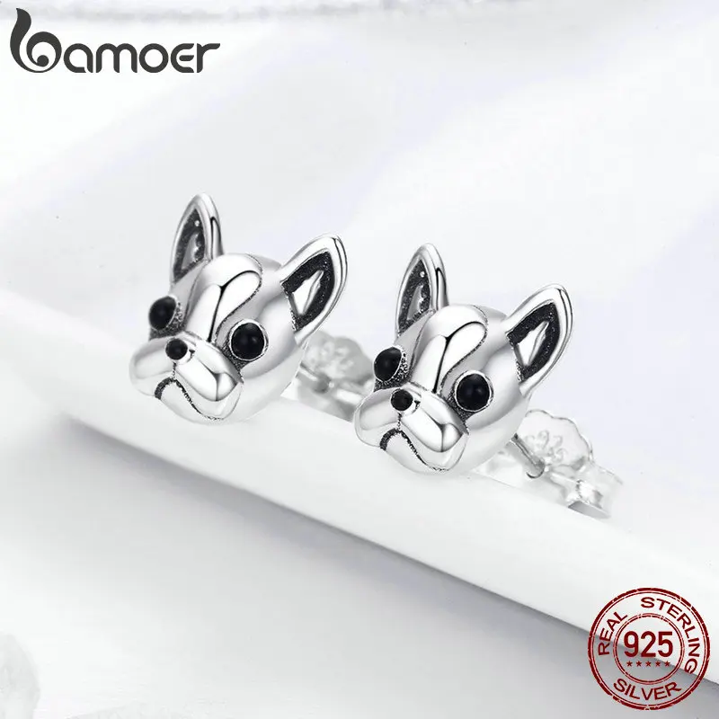 BAMOER 100% 925 Sterling Silver Loyal Partners French Bulldog Dog Animal Small Stud Earrings for Women Oorbellen Jewelry SCE283