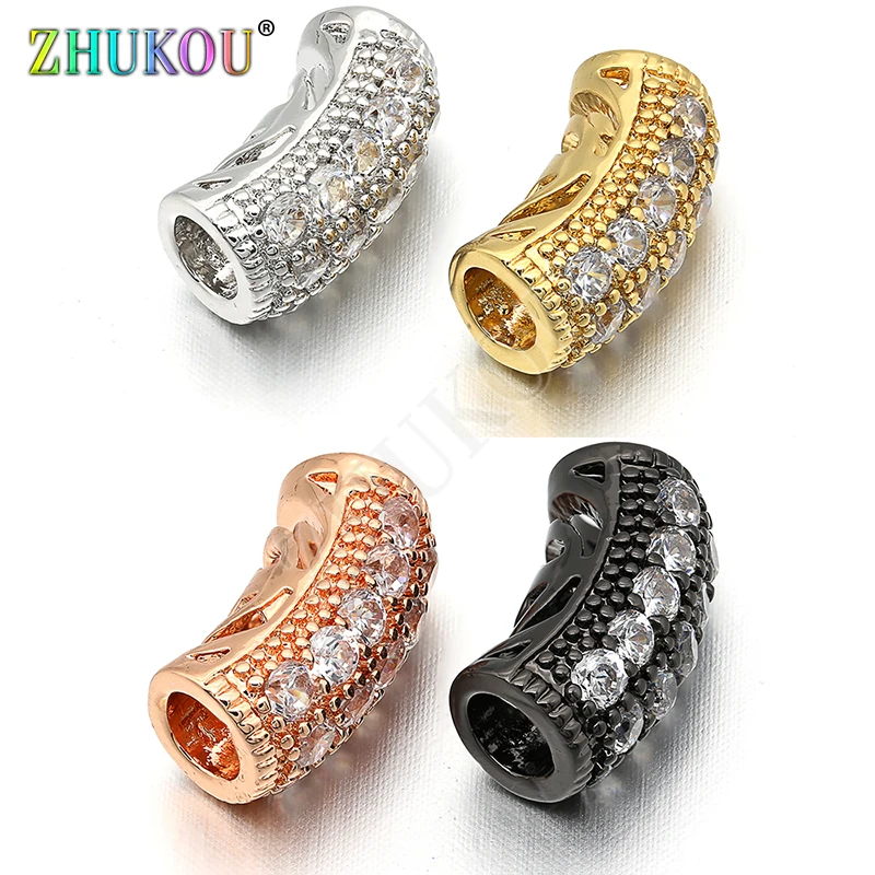 6*13mm Brass Cubic Zirconia Curved Tube Beads, Mixed Color, Hole: 3.5mm, Model: VZ162