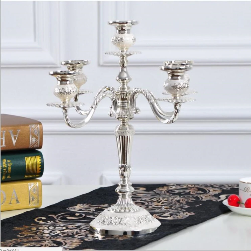 New arrival silver 5 arms candelabra zinc alloy metal candle holder for wedding/ events/ party centerpiece/ home decor