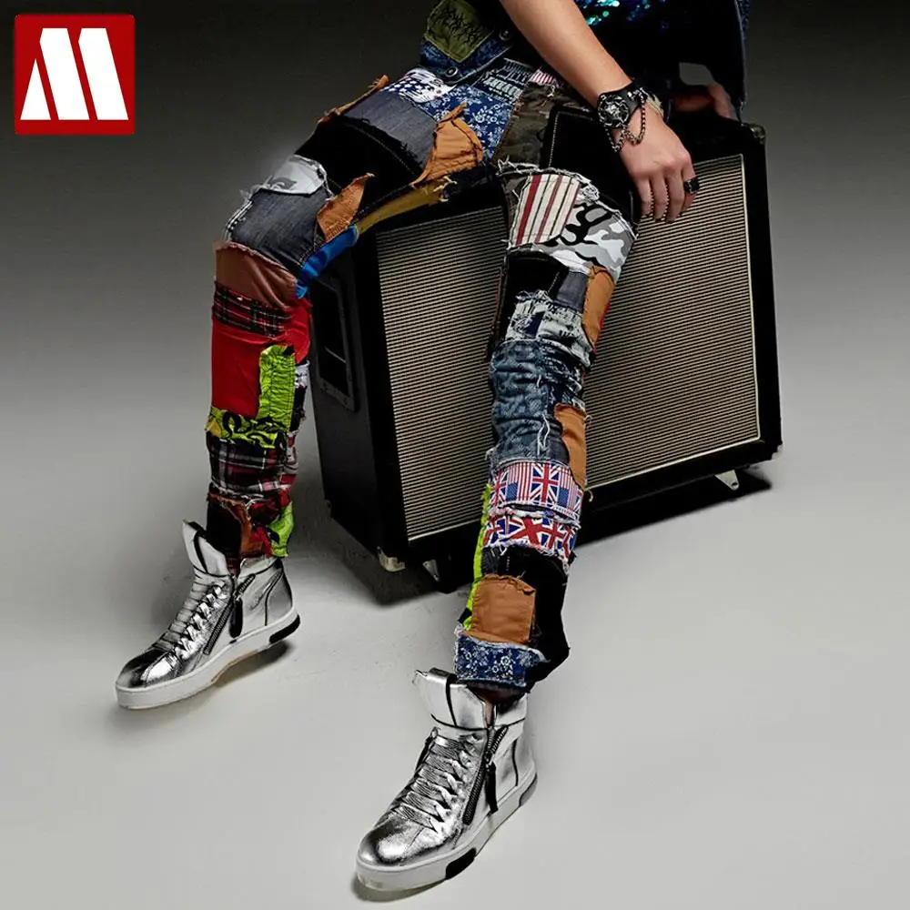 New Fashion Casual Hole Patch Jeans Male Beggar Pants Men Singer Stage Trousers Ds Costume Nightclubs Costumes Pants Tide Brand