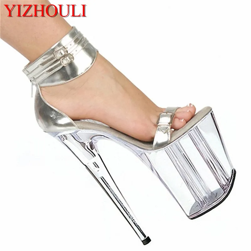 Hot-selling women\'s summer shoes 8 inch transparent platform thin heels shoes crystal silver wedding shoes 20cm high heels