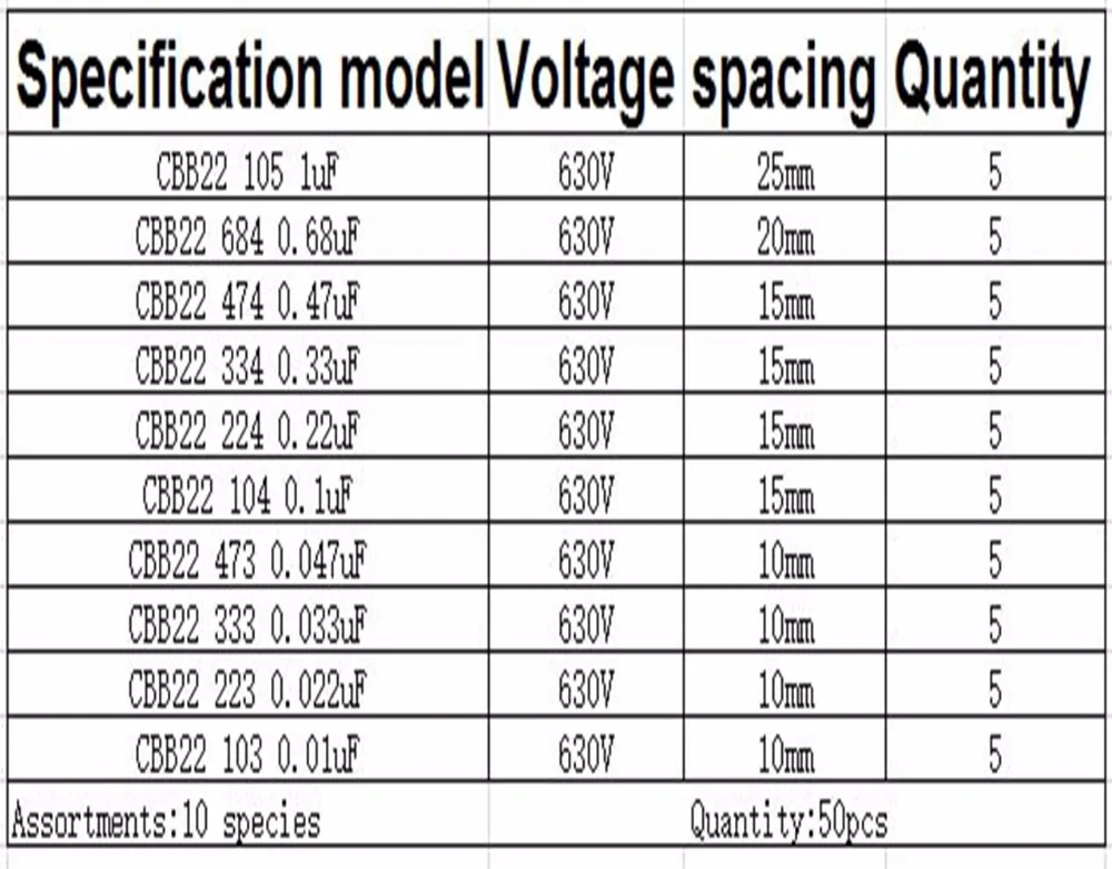 CAP Switching US CBB22 630V 1uf 0.68uF 0.47uF 0.33uF 0.22uf 0.1uF 0.047uf 0.033uF 0.01uF 0.022uF P=10MM 50pcs/lot