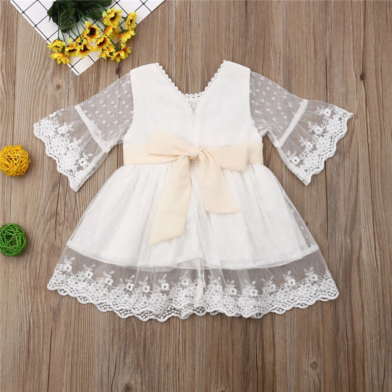 1-6Y Kids Girls Summer Dress Outfits White Polka Dot Sheer O-Neck Mandarin Sleeves Princess Dresses for Little Girls