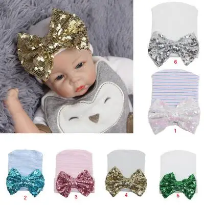 

Hospital Newborn Hat baby girl hat baby tire hat sequined bow striped knit hat baby Christmas gifts autumn and winter beanies